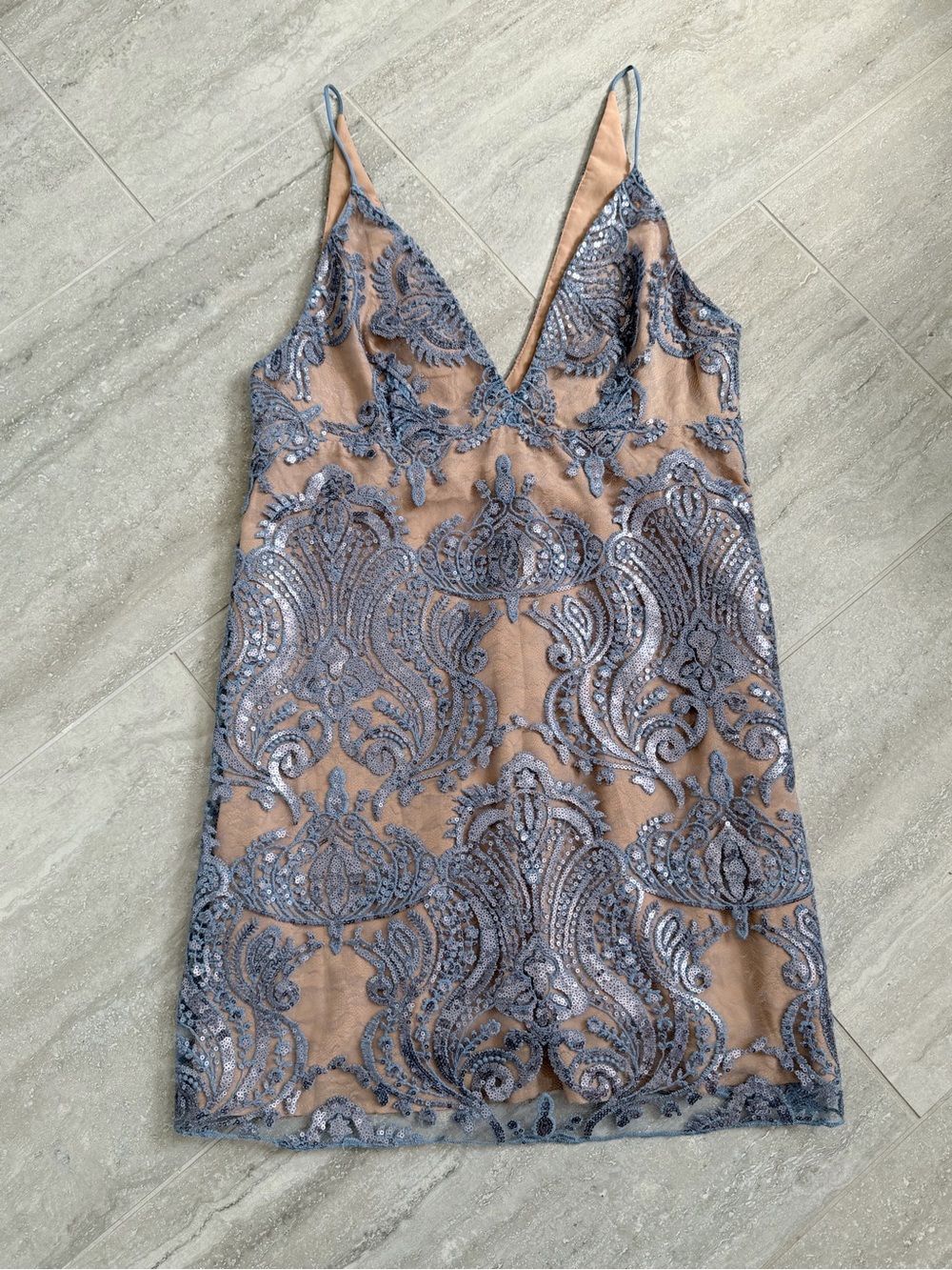 Free People Blue Sequin Lace Mesh Mini Slip Dress Nude Lined Women’s US 8 - Picture 5 of 12